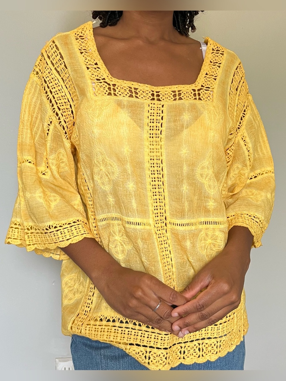 Boho chic yellow eyelet tie dye top with half sleeves